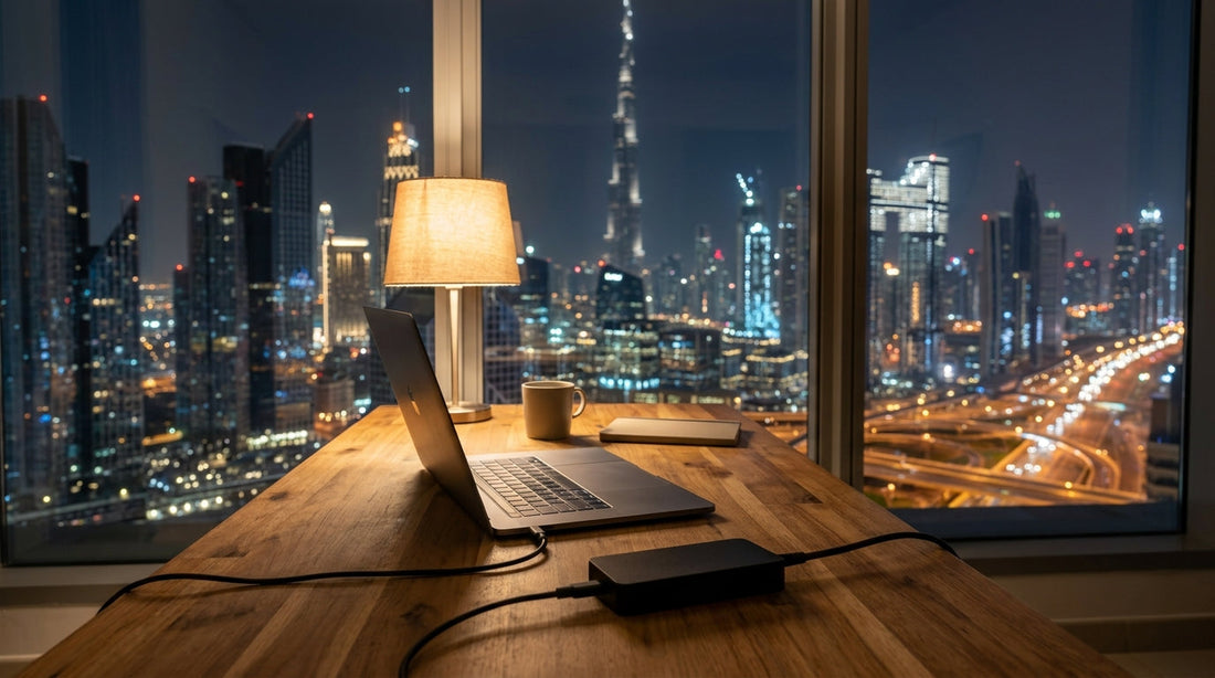 Laptop charging with USB-C charger on desk with Dubai skyline at night