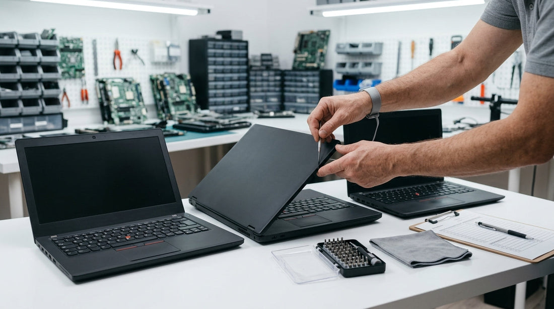 Technician checking renewed business laptops in Sharjah repair shop
