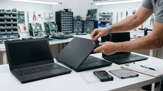Technician checking renewed business laptops in Sharjah repair shop