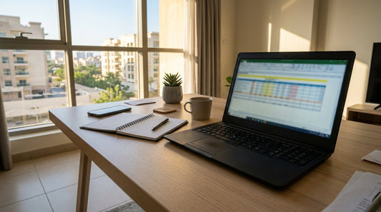Laptop under AED 1000 on office desk in UAE apartment