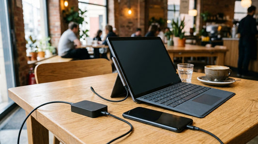 Surface tablet laptop charging with Surface Connect charger in cafe