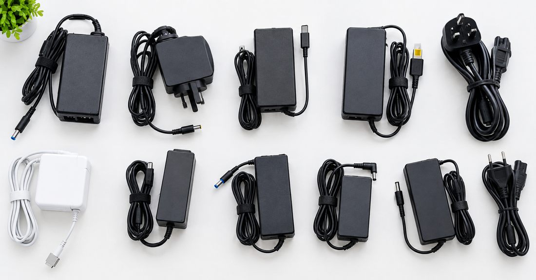 Different laptop chargers with different pin types – Dell, Lenovo, HP, MacBook, USB-C