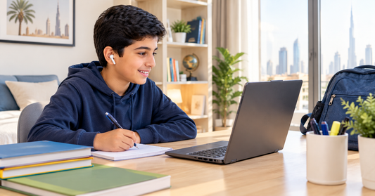 Student in Dubai using a laptop for online class at home