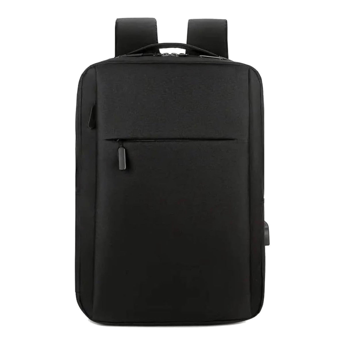Black water-resistant laptop backpack 15.6 inch with USB port, front view