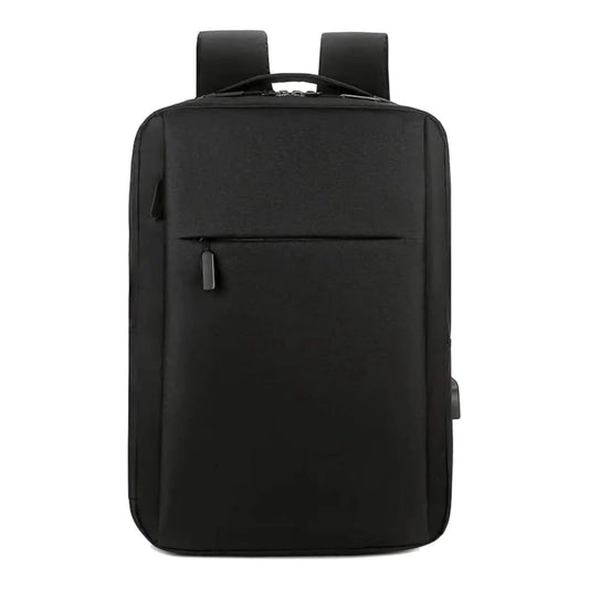 Black water-resistant laptop backpack 15.6 inch with USB port, front view