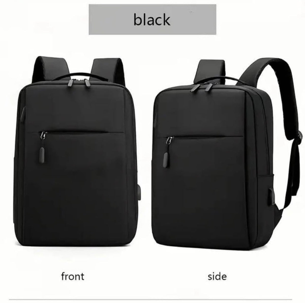 Black water-resistant laptop backpack 15.6 inch, front and side view