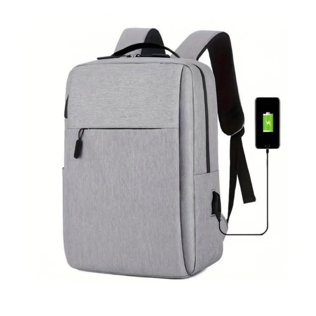 Gray water-resistant laptop backpack charging a phone through the USB port