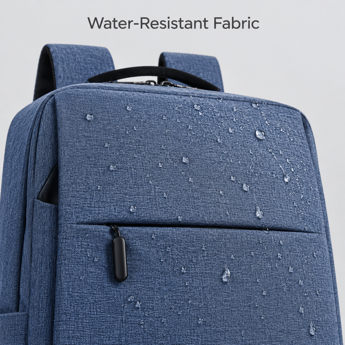 Blue water-resistant laptop backpack 15.6 inch with USB port, fabric detail