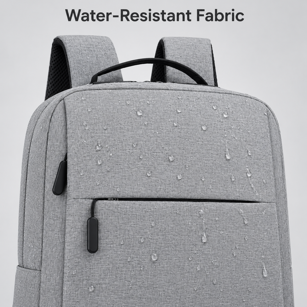 Gray water-resistant laptop backpack 15.6 inch with USB port, fabric detail