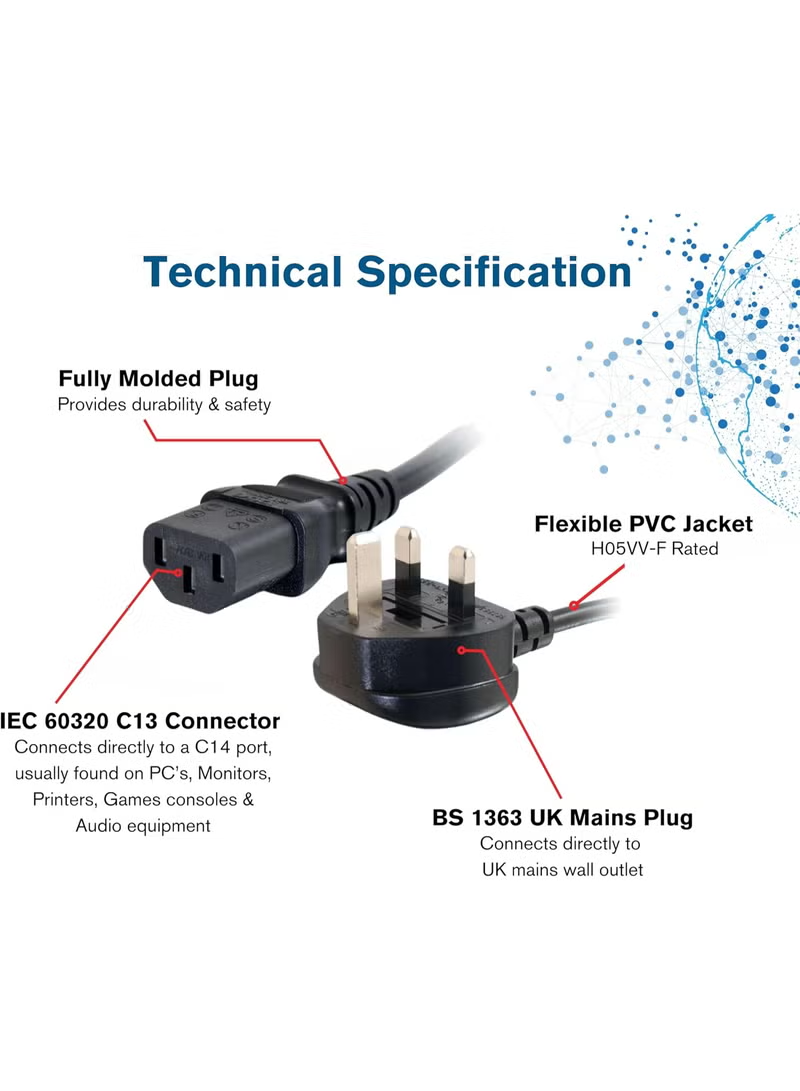 UK 3 Pin Power Cable 1.5m | IEC C13 | For PC, Monitor, Printer, TV, UPS | With Fuse