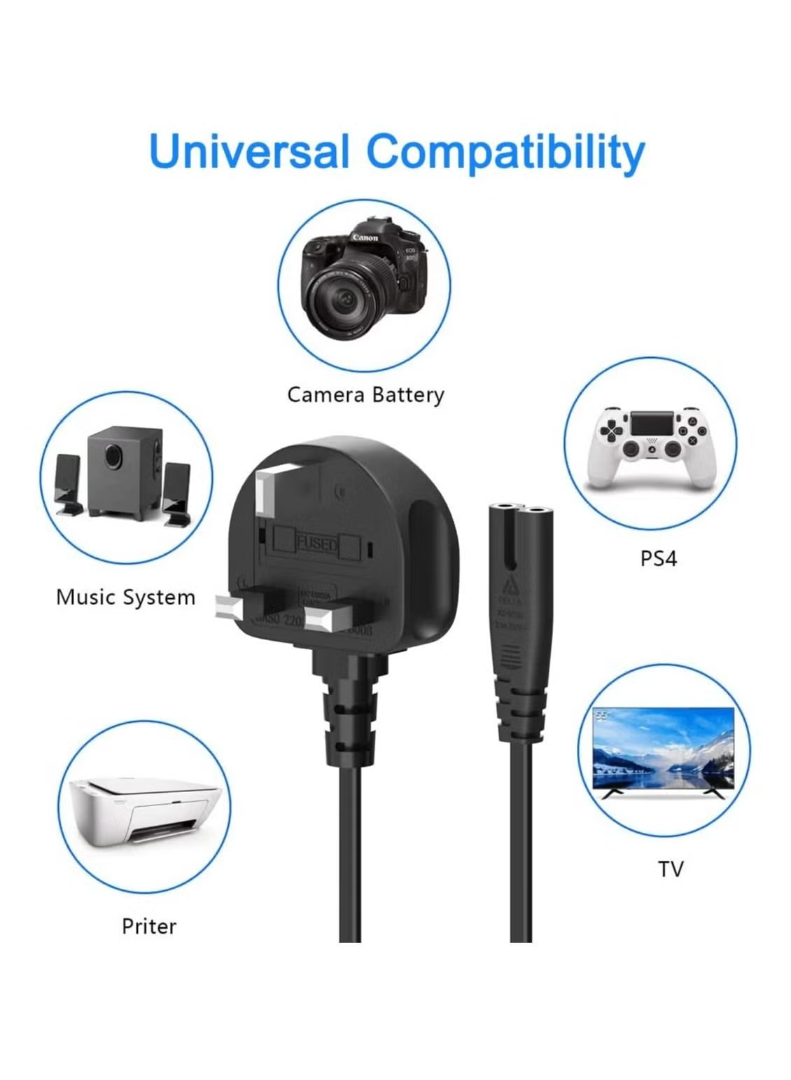 2 Prong UK AC Power Cord | Universal for TV, Printer, PS3 PS4 PS5, Laptop Charger | With Fuse